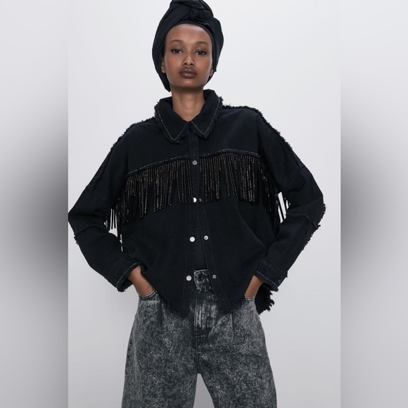 Zara Jackets & Blazers - ZARA DENIM EMBELLISHED FRINGE BUTTON UP SHIRT JACKET SIZE SMALL IN BLACK